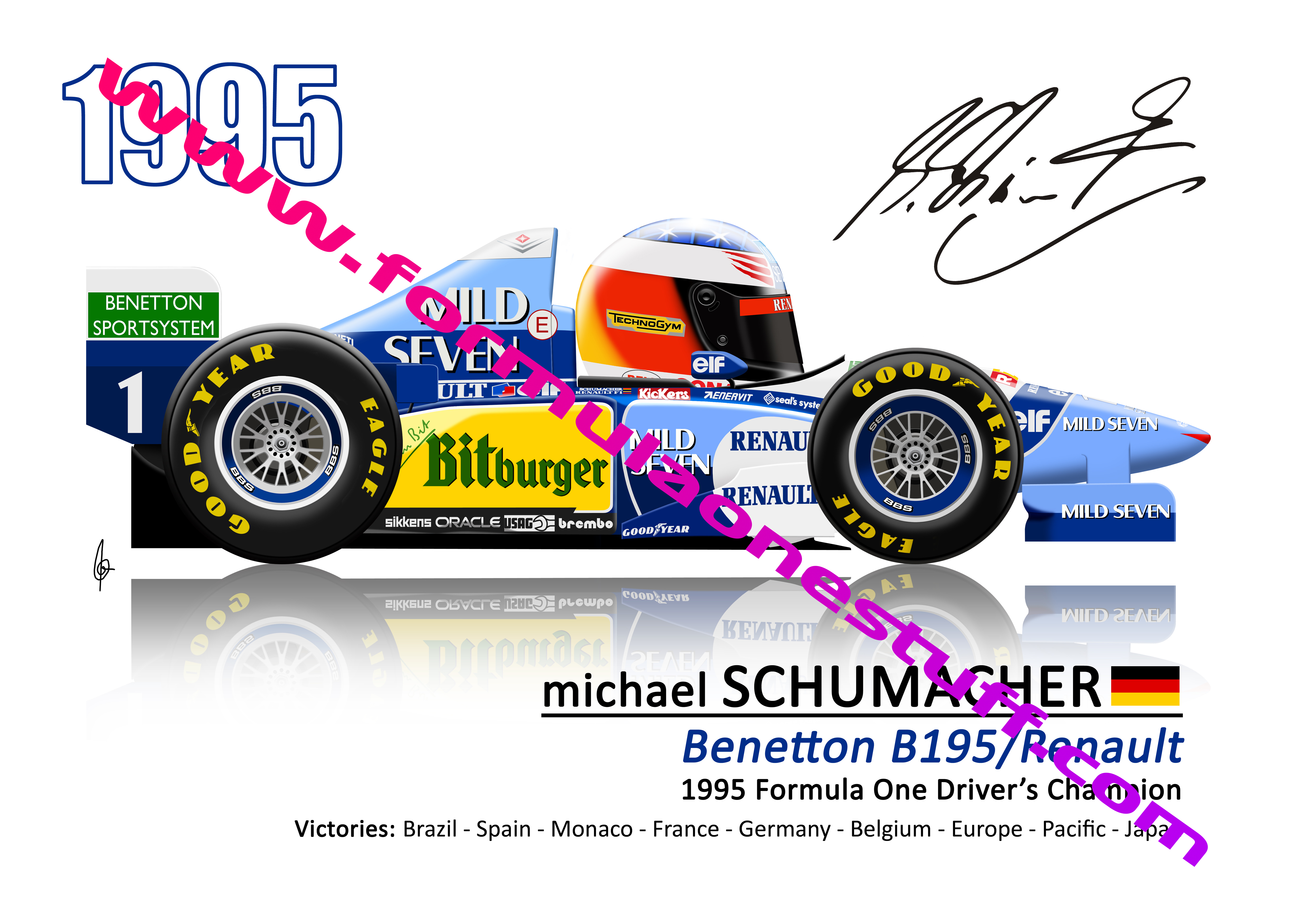 Signed TOONZ Benetton Michael Schumacher 1995 F1 driver cartoon poster – limited edition A3 satin print